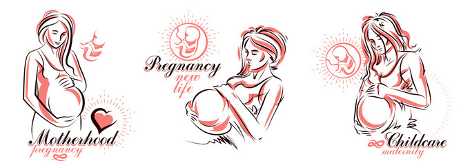 Pregnancy and motherhood theme vector illustrations set pregnant woman drawings isolated on white background, prenatal pregnant beautiful female new life theme.