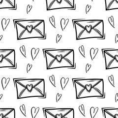 Valentines Day theme doodle Seamless pattern of hand drawn mail letter with heart shape. Greeting card, wallpaper.