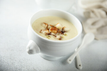 Homemade potato soup with croutons