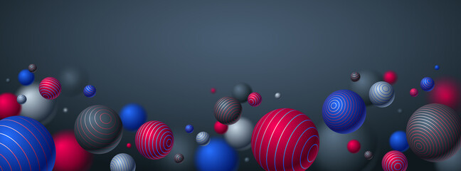 Abstract spheres vector background with blank copy space, composition of flying balls decorated with lines, 3D mixed realistic globes, realistic depth of field effect.