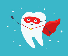 Superhero tooth. Happy healthy tooth in a red cloak. Vector illustration on a blue background