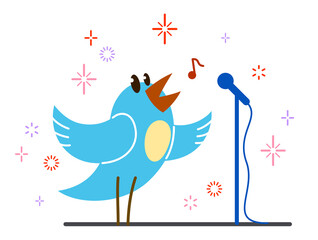 Little cute bird standing and singing birdsong like a pop star idol on a stage funny cartoon flat vector illustration isolated on white.