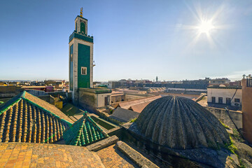 Wide angle view of Meknes green mosque and medina, Morocco, Africa