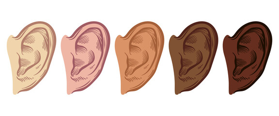Set of Hand Drawn Ear Sketch Symbol with different skin color. Vector Listen Element In doodle Style isoleted on white.