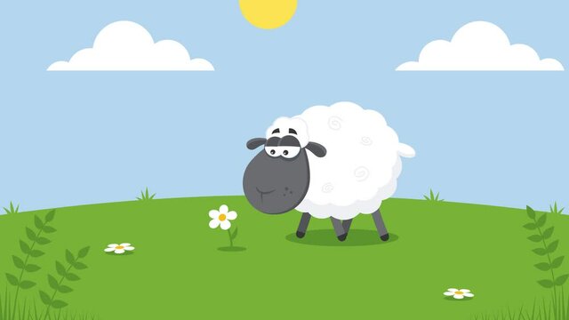 Cute Black Sheep Cartoon Character Eating A Flower. 4K Animation Video Motion Graphics With Landscape Background And Text Happy Easter