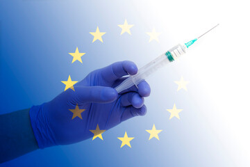 European Union coronavirus vaccine, concept picture about pandemic of Covid-19 in the world, space...