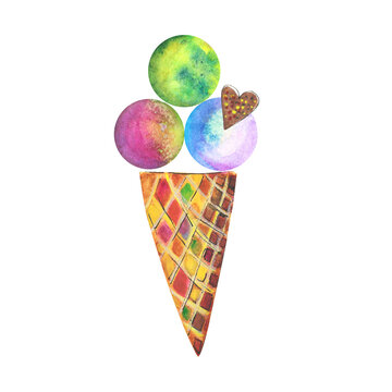 Watercolor painted waffle scone of ice cream with three scoops