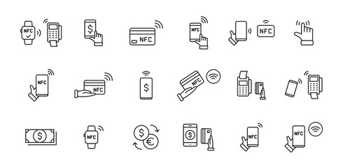 Set of NFC payment linear icons. Pay pass. Wireless pay. Nfc card payment. NFC technology. Customer is paying. Vector illustration. - obrazy, fototapety, plakaty