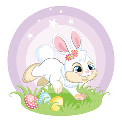 White easter bunny character with eggs vector