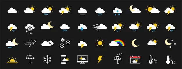 Foto op Aluminium Set of 40 weather web icons in line style. Weather , clouds, sunny day, moon, snowflakes, wind, sun day. Vector illustration. © iiierlok_xolms