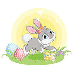 Gray easter bunny character with easter eggs vector