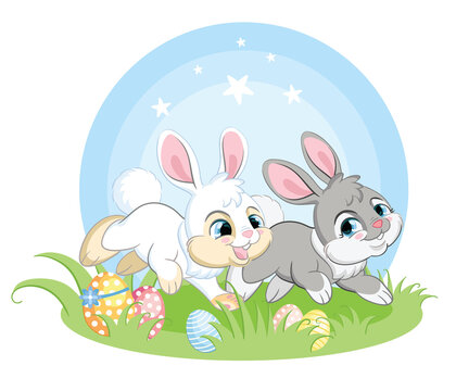 Two easter bunnies running on spring grass