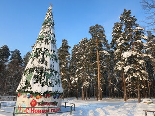Winter park, snow, pine trees.