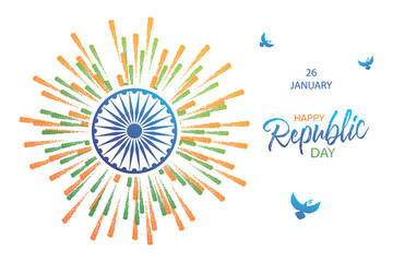 Happy Indian Republic Day 26 January poster. Beautiful card scratched calligraphy blue text word, fireworks national flag, dove of peace. Handwritten brush lettering white background isolated vector.