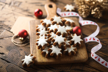 Traditional German star-shaped cookies with cinnamon