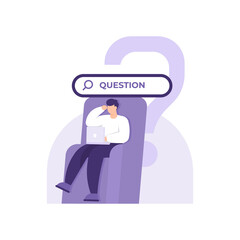 vector illustration of a man sitting on a sofa, working on his laptop and confused. concept Frequently asked questions or FAQs, question marks around people, online support center, looking for answers