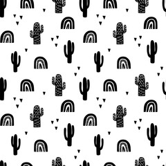 Scandinavian cactus seamless pattern. Vector black and white scandi print. Child trendy background © elena_garder