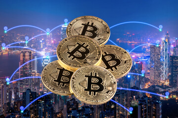 Bitcoin trading with smart city communication network and internet  of things for Cryptocurrency and money investing concept.