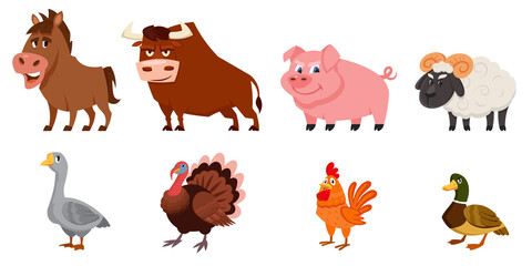 Set of male animals side view. Farm animals in cartoon style.