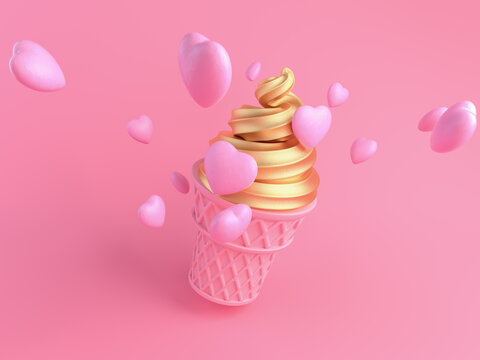Pink ice cream with luxury gold cream to express sweetness of love. pink sweet dessert on pink background. happy valentine's day. 3d render