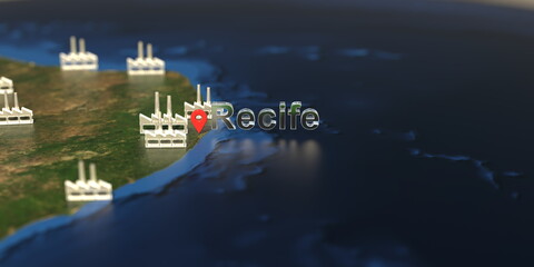 Factory icons near Recife city on the map, industrial production related 3D rendering