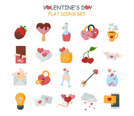 Valentine's day icons set. Funny colorful love elements: hearts, locks, desserts, love letters, arrows, love speech bubbles,  love potion, etc.