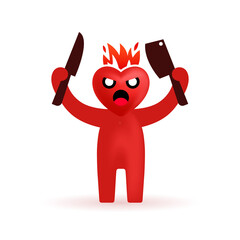 Isolated angry heart characters holding knife on white background, greeting invitation banner