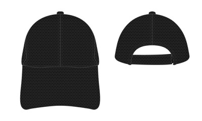 blank black spacer mesh baseball cap with adjustable hook-loop strap vector for template.