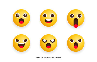 Set of six cute emoticons with different feeling