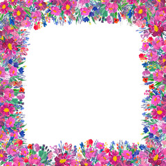 Hand-painted floral border. Wildrlowers on white background