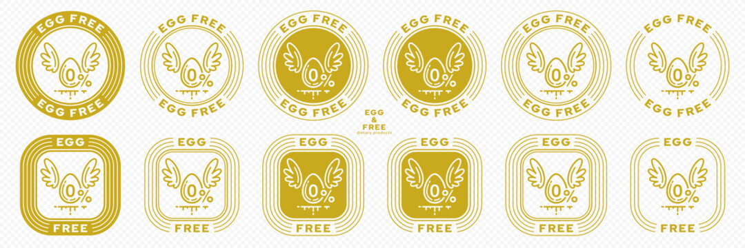 Сonceptual stamps for packaging products. Labeling - no eggs added. Stamp with a flat icon of an egg with wings - a symbol of the liberated, free. The product is free of absorbable ingredient. Vector 