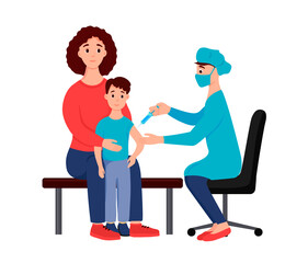 A boy with his mother at a doctor's appointment is vaccinated. The doctor makes a syringe injection. The vaccine - vector illustration on white background.