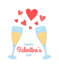 Valentine's Day card with champagne glasses and hearts. Vector hand-drawn illustration.