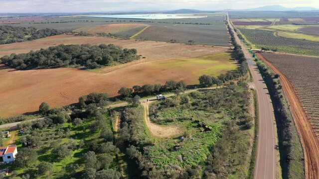 Aerial view of the industrial mediterranean agriculture landscape in Olivenza Extremadura Spain 
