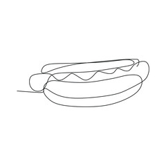 Single continuous line drawing of an American hot dog . Emblem fast food hotdog restaurant concept. Modern one line draw design vector illustration for cafe, shop or food delivery service