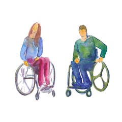 Hand drawn watercolor illustration. Disabled person and elderly person. People with disabilities on crutches and wheelchair.