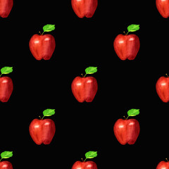 Red apples seamless pattern.Watercolor garden fruit ornament on black background.