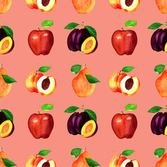 Garden fruits seamless pattern with red apple,pear,prunes,peaches on pink background.