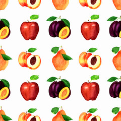 Garden fruits seamless pattern with red apple,pear,prunes,peaches.Watercolor hand drawn summer background.