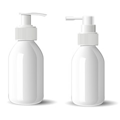 Pump bottle mockup. Cosmetic spray glass bottle blank. Glossy container for beauty serum with pump dispenser on white background. foundation cream packaging mockup set, woman skin care