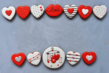 Valentine's day Homemade cookies on Ultimate Gray background, top view. Space for text. Delicious and sweet, covered with icing with a beautiful pattern gingerbread.