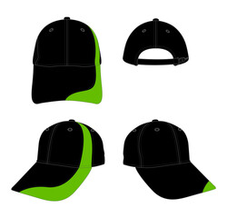 Set Sport Baseball Cap Design Curve Style Black-Green With Adjustable Slide Plastic Buckle Zip Vector.