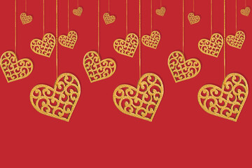 Seamless pattern with isolated yellow hearts with openwork cutout on a red background.