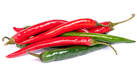 a bunch of red and green chili peppers on a white background. close-up, macro