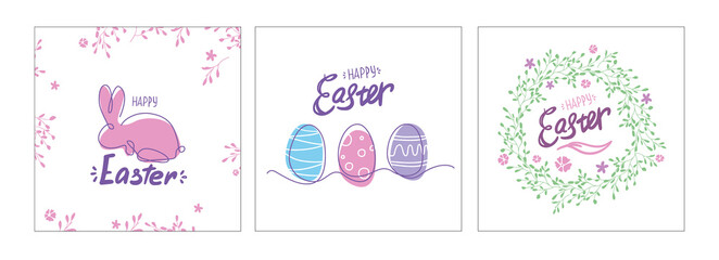 Easter Postcards set. card with eggs, bunny and wreath. one line drawing. Colorful spring poster or banner.