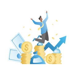 Successful, happy businessman jumping into money, coins, wealth. Free guy, person. Promotion at work, increase in earnings. Vector illustration on light blue background.