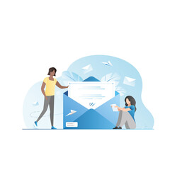 Girls stand near letter,read note,message,open it,take contract out of envelope.Women in e-mail receive and send messages on Internet. Paper planes fly. Different nationalities of people.
SMS sending.