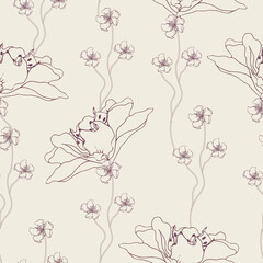 Monochrome floral pattern with contour lilies on a beige background. Seamless monochrome textile vector print.