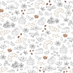 Light coffee seamless pattern with pastries, cinnamon, vanilla and coffee. Vector sketch on a white background. line art