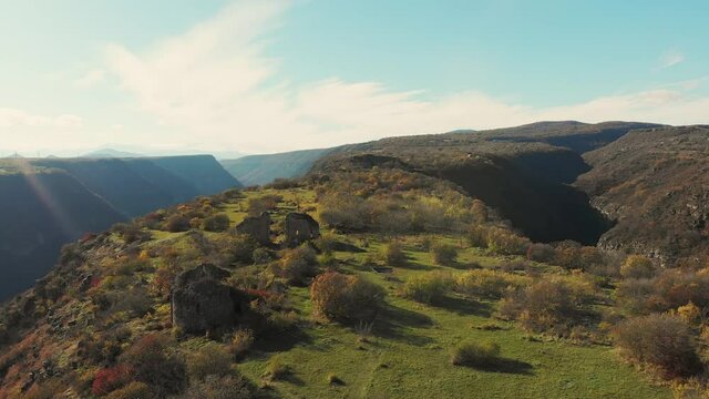 Aerail view of Samshvilde defence fortress ruins site with autumn nature landscape. Historical sites in Georgia